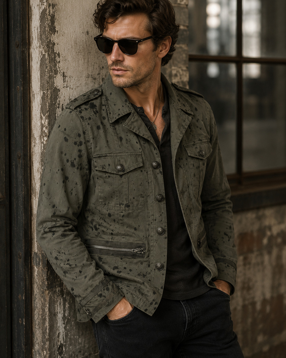 Mens John Varvatos Ink Splattered Green Military Officer Field Jacket Size M